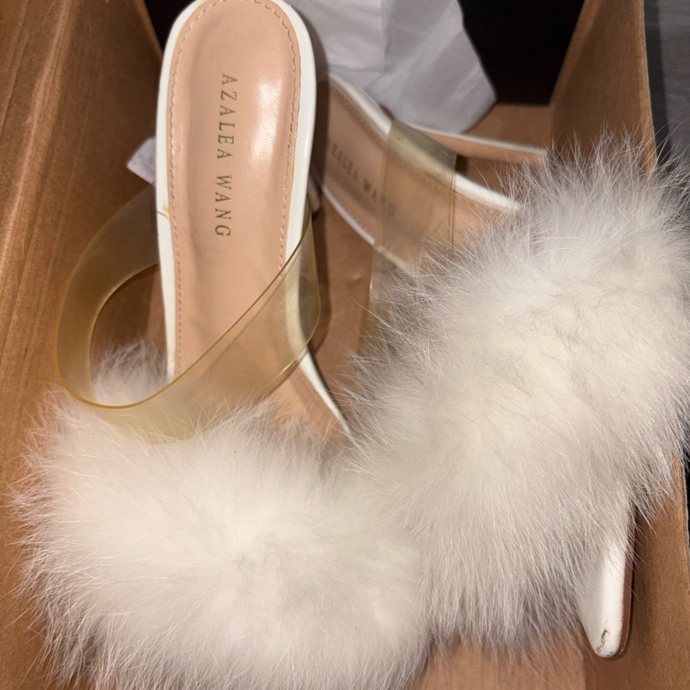 White Fur Strap Heels